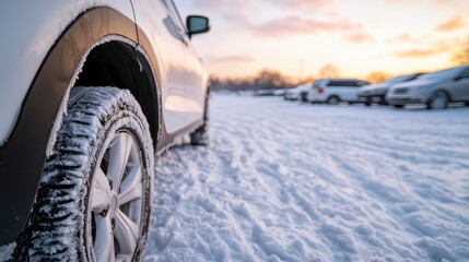 Naklejka premium Cold Infrastructure Damage Concept, Snow Covered Parking Lot with Frosty Cracks and Drifted Snow at Sunset