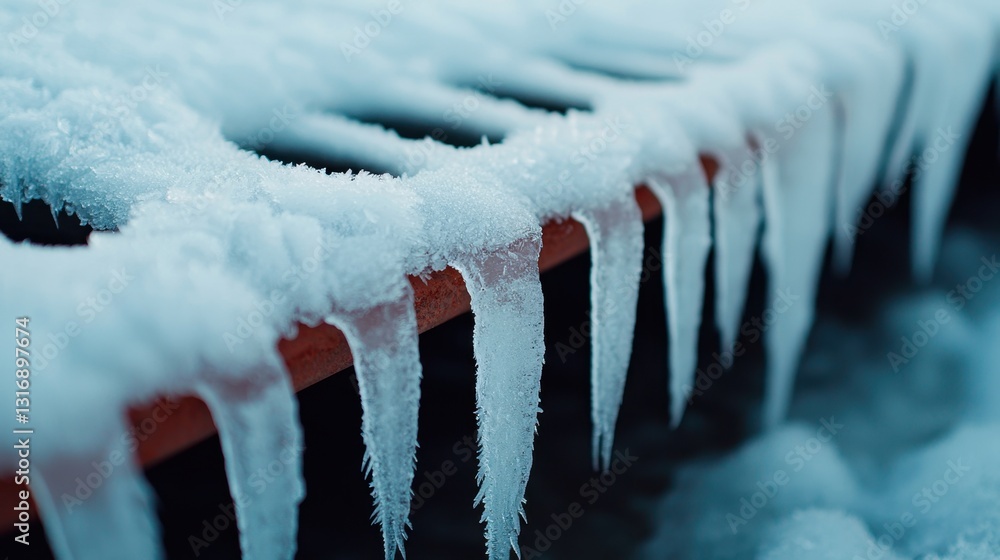 Poster cold infrastructure damage concept, close-up of frosted drains in a frozen storm highlighting intric