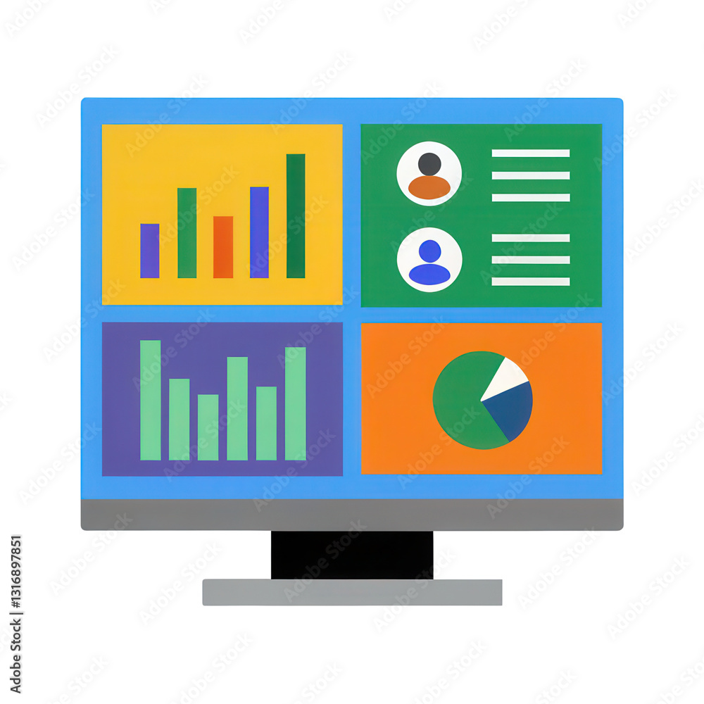 Poster colorful data dashboard on computer screen featuring charts, graphs, and user profiles