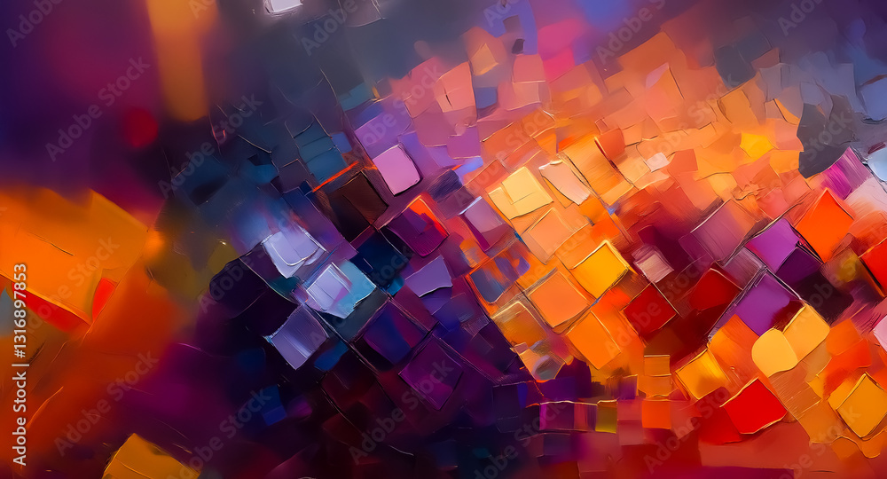 Poster abstract artwork featuring dynamic brushstrokes and a vivid palette. warm hues of orange, red, and p