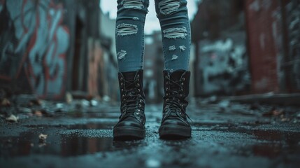 Urban teen girl in ripped jeans and combat boots on wet alleyway with graffiti background