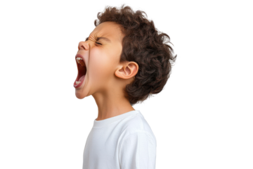 Side view of young boy yelling with open mouth, isolated on transparent background
