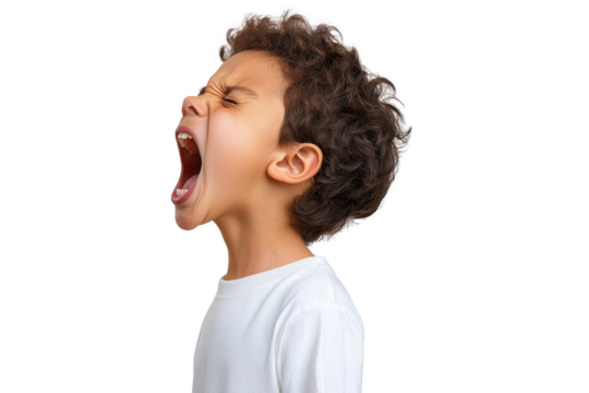 Side view of young boy yelling with open mouth, isolated on transparent background