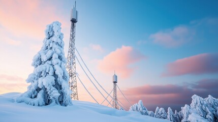 Cold Infrastructure Damage Concept, Snow-Laden Trees Surrounding Communication Towers Against a Colorful Winter Sky at Dusk