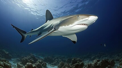 Naklejka premium A shark swimming over a coral reef in the ocean. A close-up of a great white shark. Large shark Ready to attack its prey.
