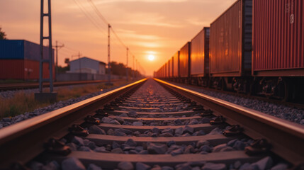 Fototapeta premium tranquil sunset view along railway tracks with freight containers