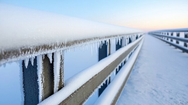 Cold Infrastructure Damage Concept, Frosted Railings on Snow-Covered Bridge at Sunrise with Icicles in a Winter Wonderland - Powered by Adobe