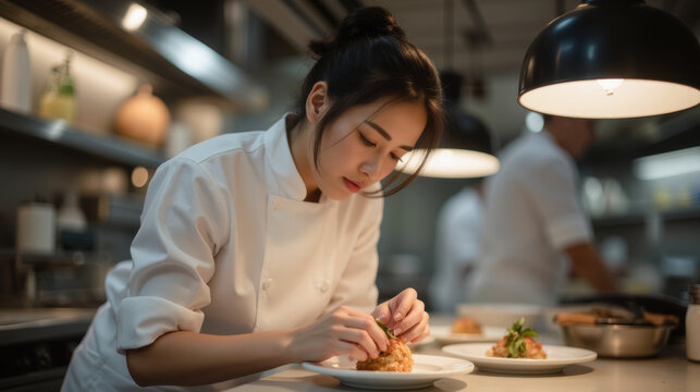focused chef meticulously plating gourmet dish in modern kitchen