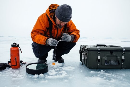 An Arctic scientist kneeling on the ice, carefully observing a frozen water sample under a magnifying glass.Arctic scientists.Polar researchers.Climate scientists.