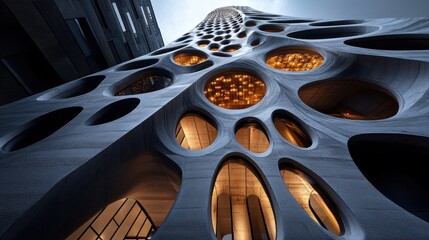 Abstract Architectural Design with Unique Facade and Playful Light Patterns in Modern Urban Environment