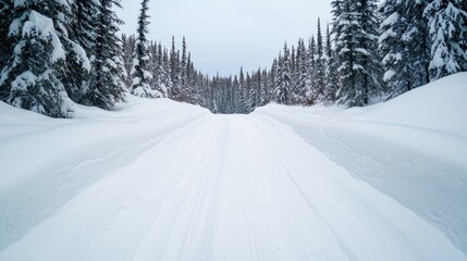 Obraz premium Winter Frozen Roads Concept, Snow-Covered Road Leading into a Dense Forest Surrounded by Steep Snowbanks in a Winter Wonderland