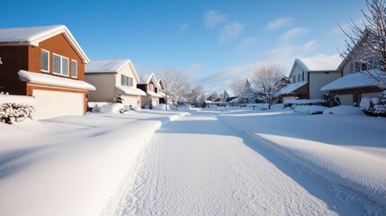 Obraz premium Winter Frozen Roads Concept, Snow-Covered Suburban Street in a Quiet Cul-de-Sac During Winter Morning Light