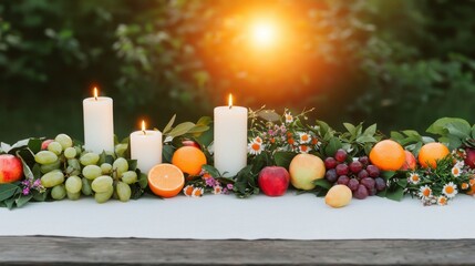 Midsummer Festival Concept, Beautifully Decorated Midsummer Table with Wildflowers, Candles, and Fresh Fruits in Natural Setting