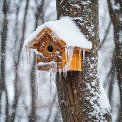 Naklejka premium A beautifully crafted wooden birdhouse securely mounted to the trunk of a tall, sturdy tree in a serene winter landscape.