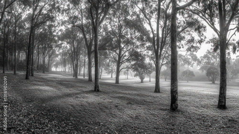 Poster misty morning in a tranquil forest with rows of trees and soft light.