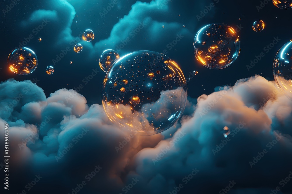 Poster ethereal bubbles floating above dreamy clouds in celestial setting