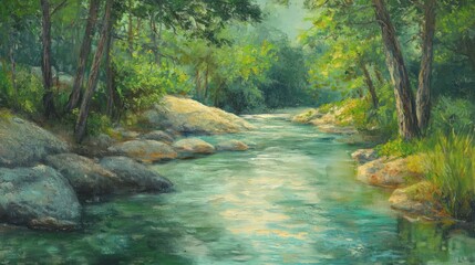Obraz premium Serene river flowing through lush green forest. (1)