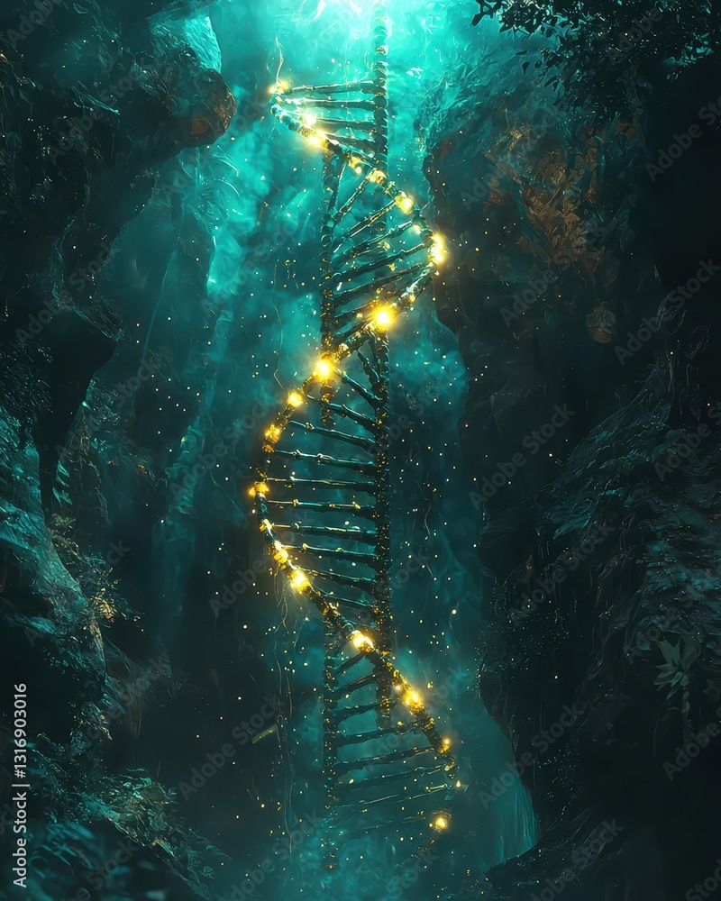 Poster glowing dna helix in enchanted forest with mystical light