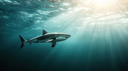 Fototapeta premium Majestic great white shark swimming in ocean underwater serene environment aerial view marine life exploration