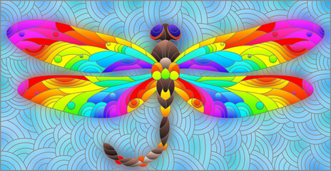 An illustration in the style of a stained glass window with a bright dragonfly on a blue wavy background