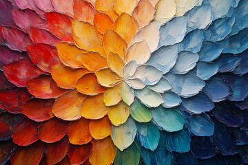 Obraz premium Colorful abstract oil painting showcasing a vibrant arrangement of petal shapes in a spectrum hue. up-close abstract piece resembling a kaleidoscope of textures and colors. copy space
