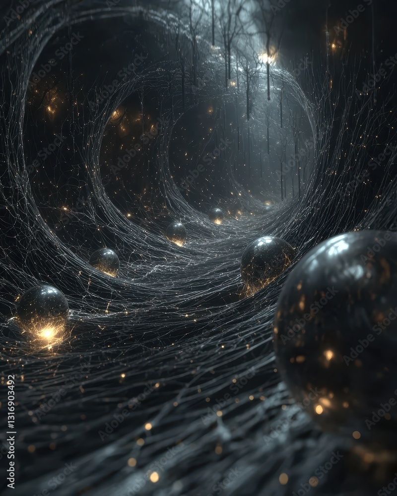 Poster intricate dark tunnel with glowing orbs and floating threads of light