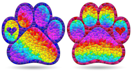 A set of stained glass illustrations with bright cat paws isolated on a white background