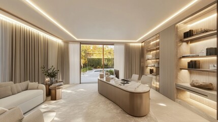 A contemporary home office with light gray curtains framing a large, well-lit workspace