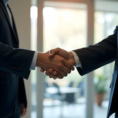 Business Handshake in Formal Attire Symbolic Gesture of Trust Collaboration and Career Success in a Corporate Partnership with Warm Tones and Bokeh Effect