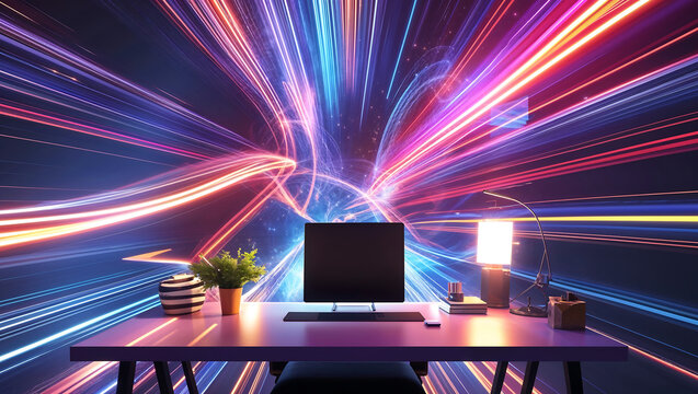 Futuristic Minimalist Workspace with Sleek Desk Setup and Vibrant Abstract Light Streaks - Powered by Adobe