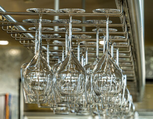 Group of wine glasses hanging upside down above a bar rack in pub or restaurant. Glasses for wine...