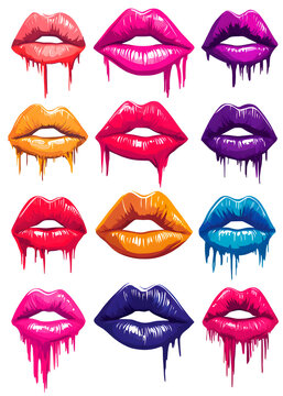 Set of colorful dripping lips in pop art style