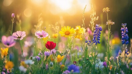 Vibrant wildflowers in sunlit meadow at sunset