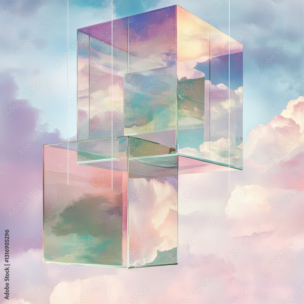 Aufkleber abstract floating cubes with colorful reflection in dreamy sky