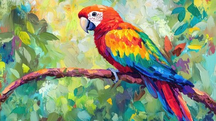 Obraz premium Vibrant Scarlet Macaw perched on a branch amidst lush foliage, painted in an impasto style.