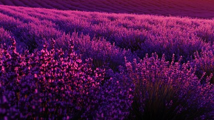 Fototapeta premium Vibrant purple lavender field at sunset.