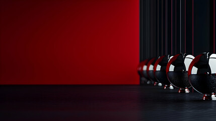 Polished chrome spheres suspended in a dark red and black arrangement