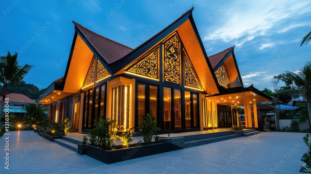 Aufkleber stunning modern architecture with ethnic patterns illuminated at dusk in tropical setting