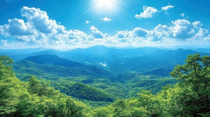 Obraz premium Mountain vista, lush greenery, bright sky