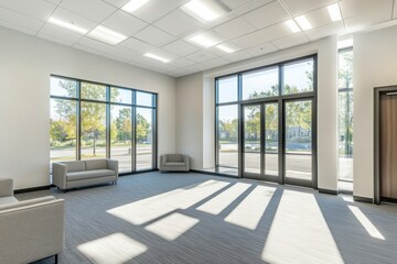 Obraz premium Modern office waiting area with large windows and sunlight streaming in.