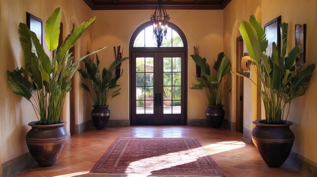 A rustic farmhouse-style entryway with decorative pots housing vibrant green plants
