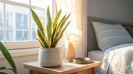 A soft-lit bedroom with a bedside table holding a potted snake plant and ceramic lamp