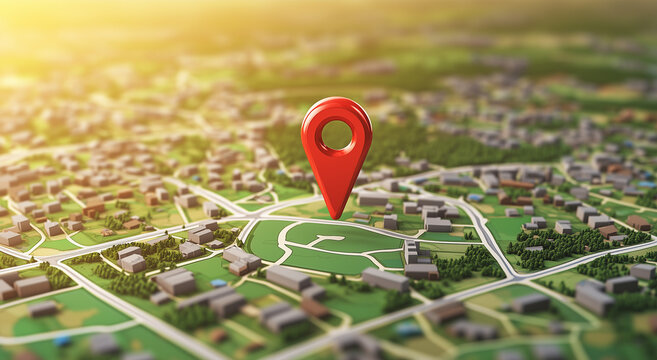 3D red location pin on detailed suburban city map with buildings and roads
