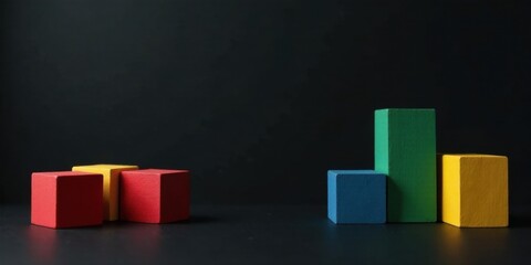 Colorful Wooden Blocks Arranged in Contrasting Formations on Dark Surface