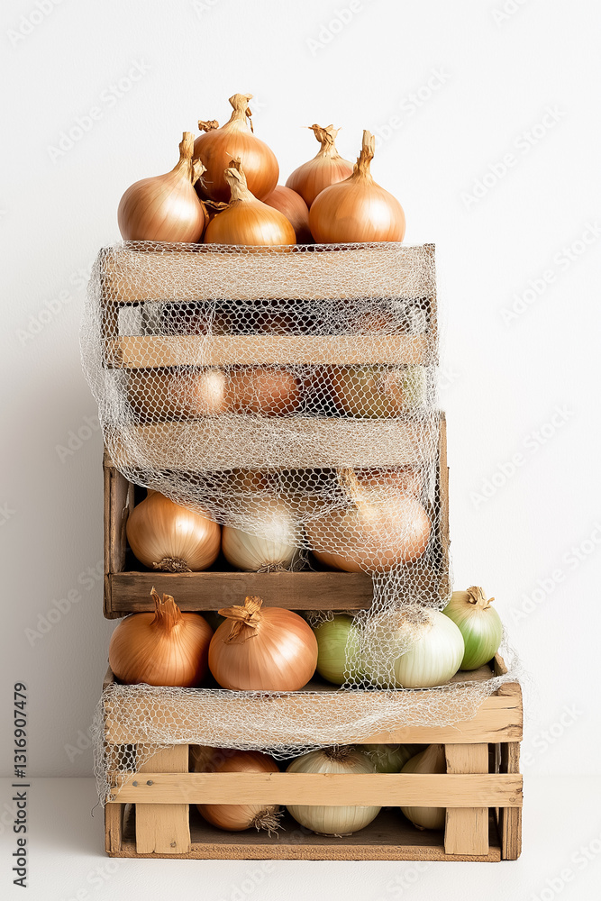 Poster crates of onions, meticulously stacked and wrapped in protective mesh, showcase a minimalist aesthet
