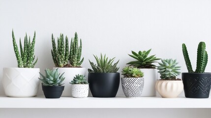 Fototapeta premium A white minimalist shelf decorated with small potted succulents and cacti