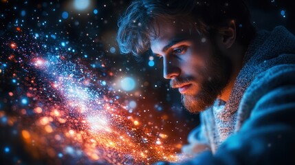Young caucasian male envisions cosmic sparkles and glittering universe