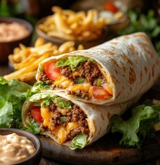 A perfectly folded, patterned burrito rests on a rustic wooden table, revealing a generous serving of savory fillings peeking through its inviting folds