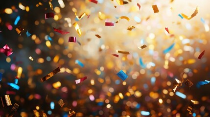 Vibrant confetti falling in celebration with golden light in background