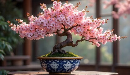 Naklejka premium Exquisitely sculpted bonsai tree in full bloom adorned with delicate pink cherry blossoms